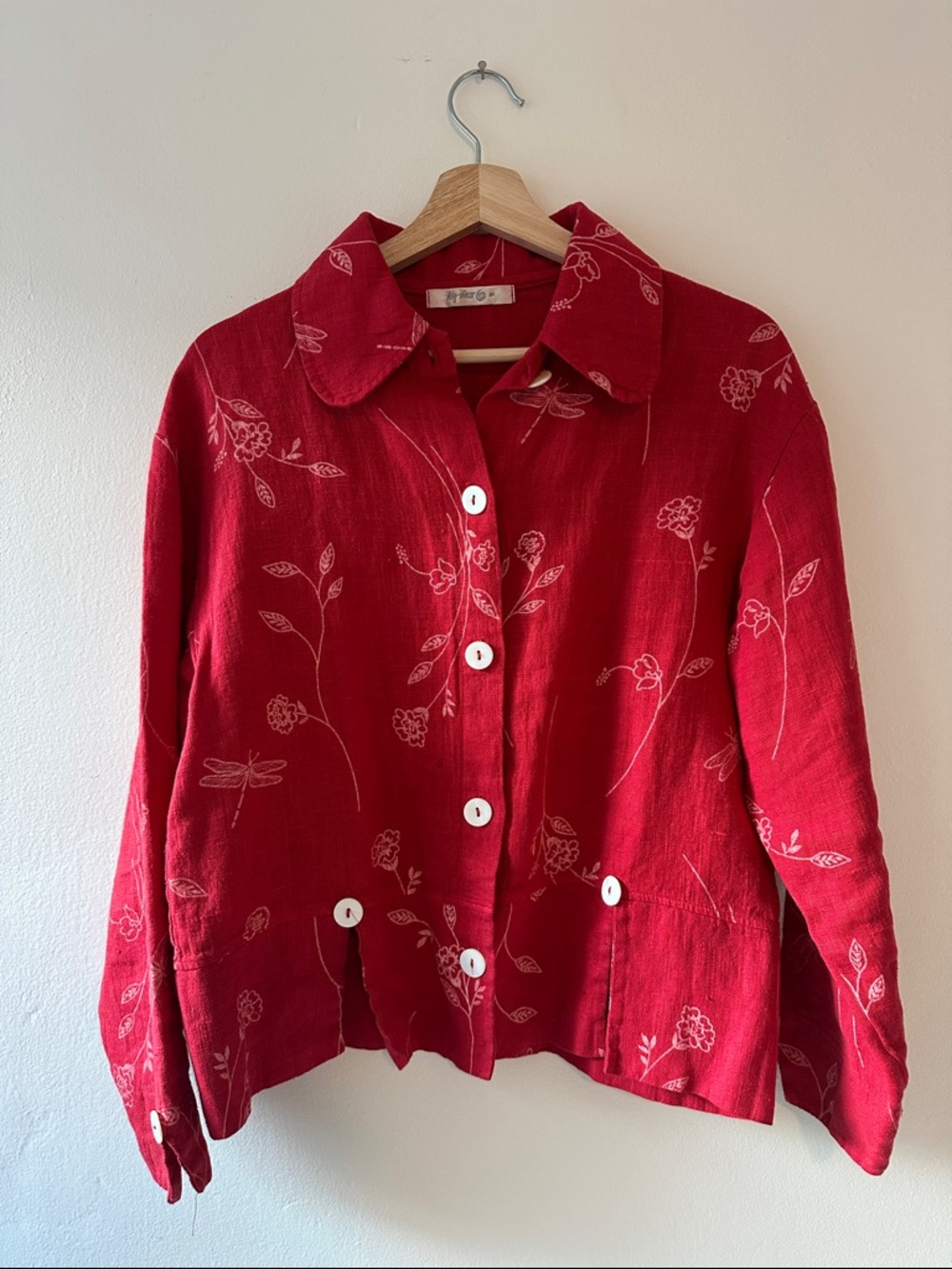 Red Floral Button-Down Shirt Jacket with Contrast Buttons